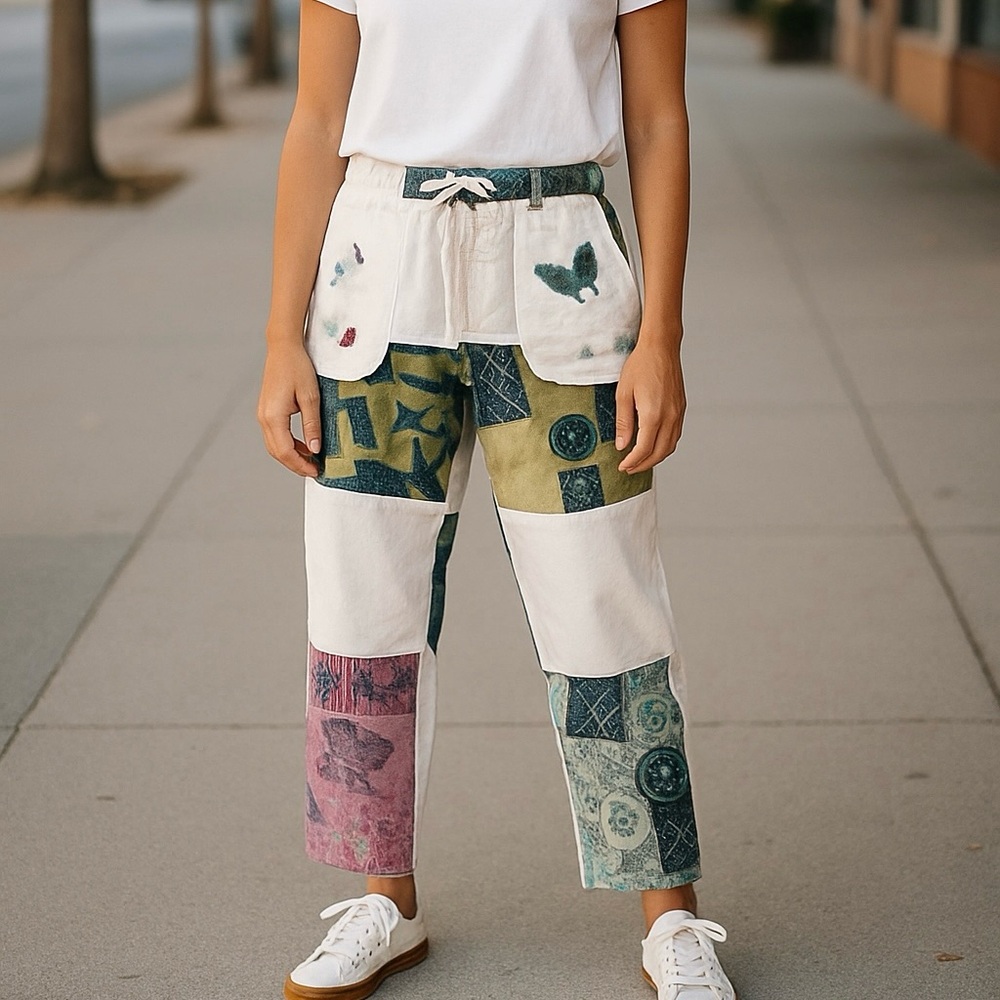 White Boho Patchwork Pants Drawstring Hippie Fest… - image 2
